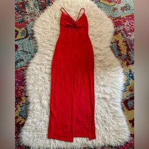 Slinky crossed open back cowl neck deep slit red dress